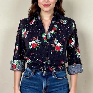 vintage 1950s western shirt black pearl snaps floral print dagger collar hippie